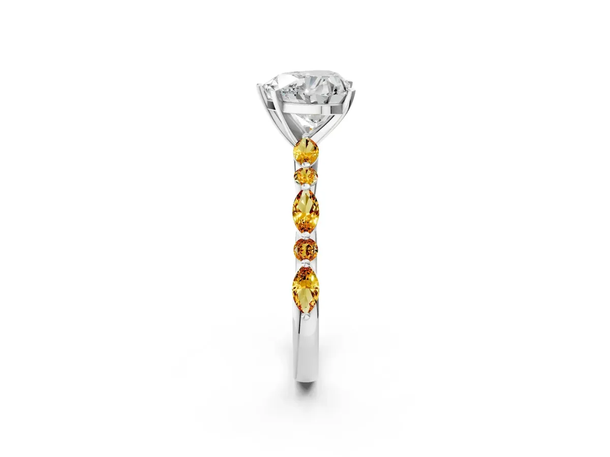 Heart Cut Diamond Ring with Marquise and Round Citrine Side Stones and Four-Prong Setting Silver