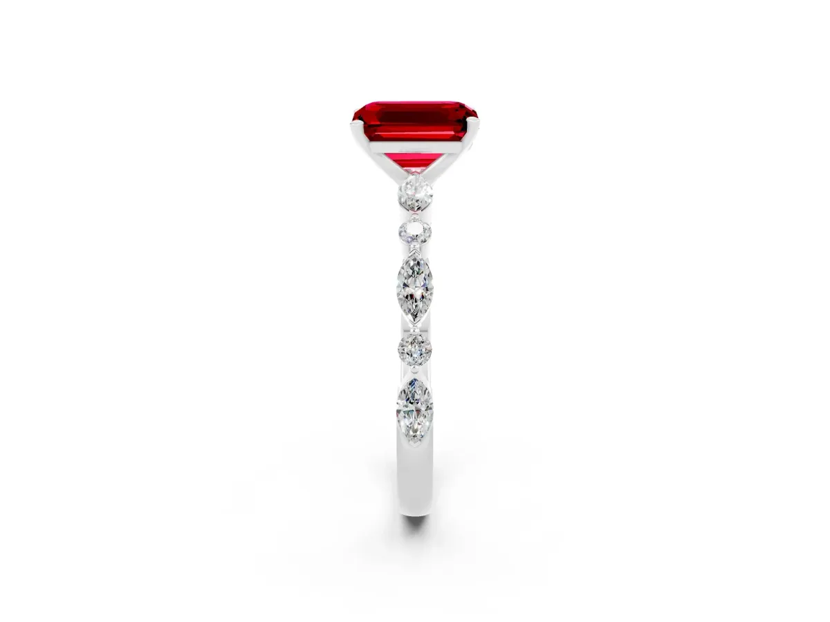 Emerald Cut Ruby Ring with Marquise and Round Side Stones and Four-Prong Setting Silver