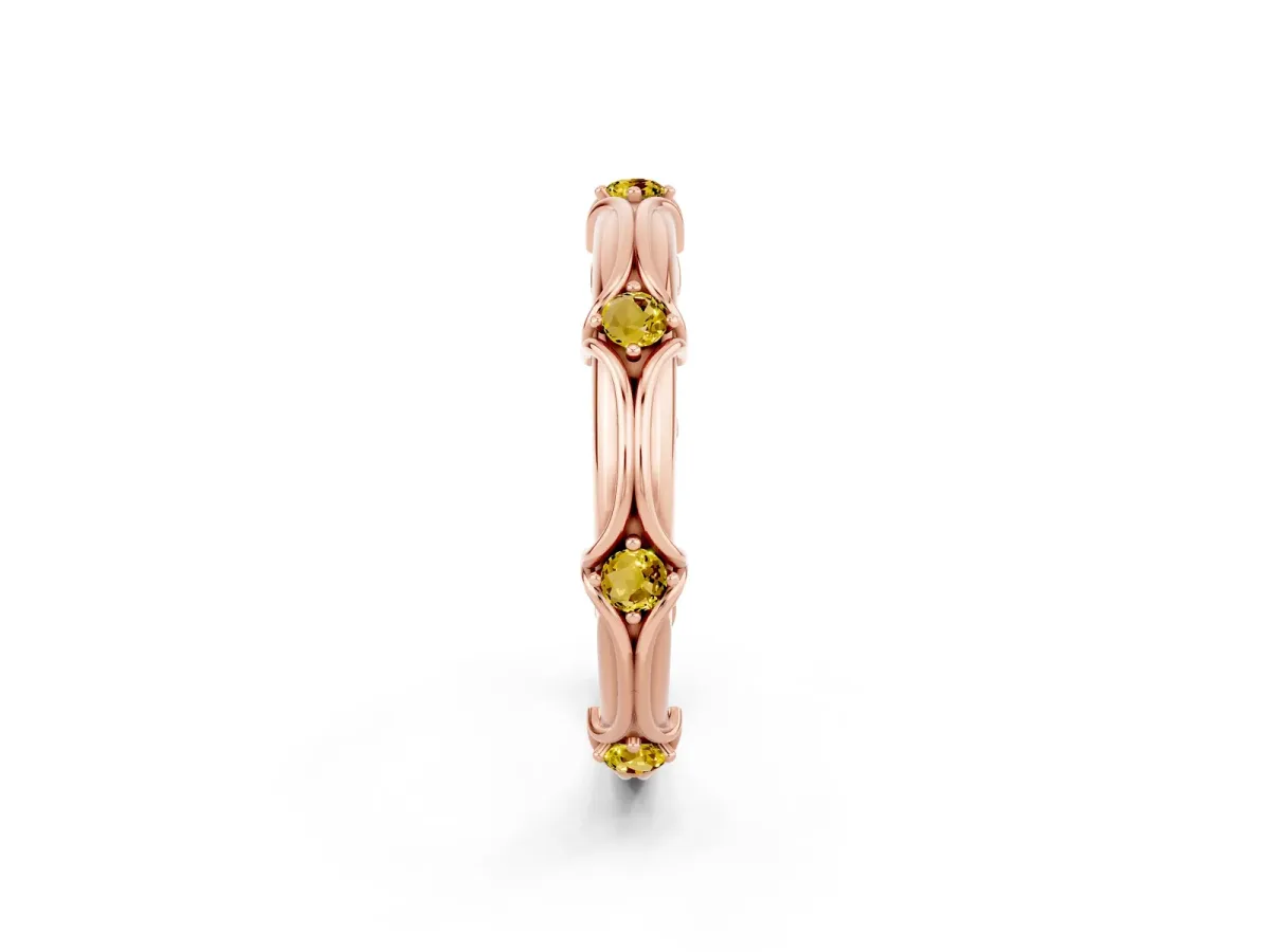 Round Yellow Sapphire Prong Set Milgrain Eternity Band Rose gold