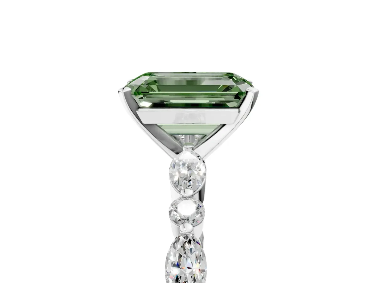 Fancy Green Emerald Cut Diamond Ring with Marquise and Round Side Stones and Four-Prong Setting Silver
