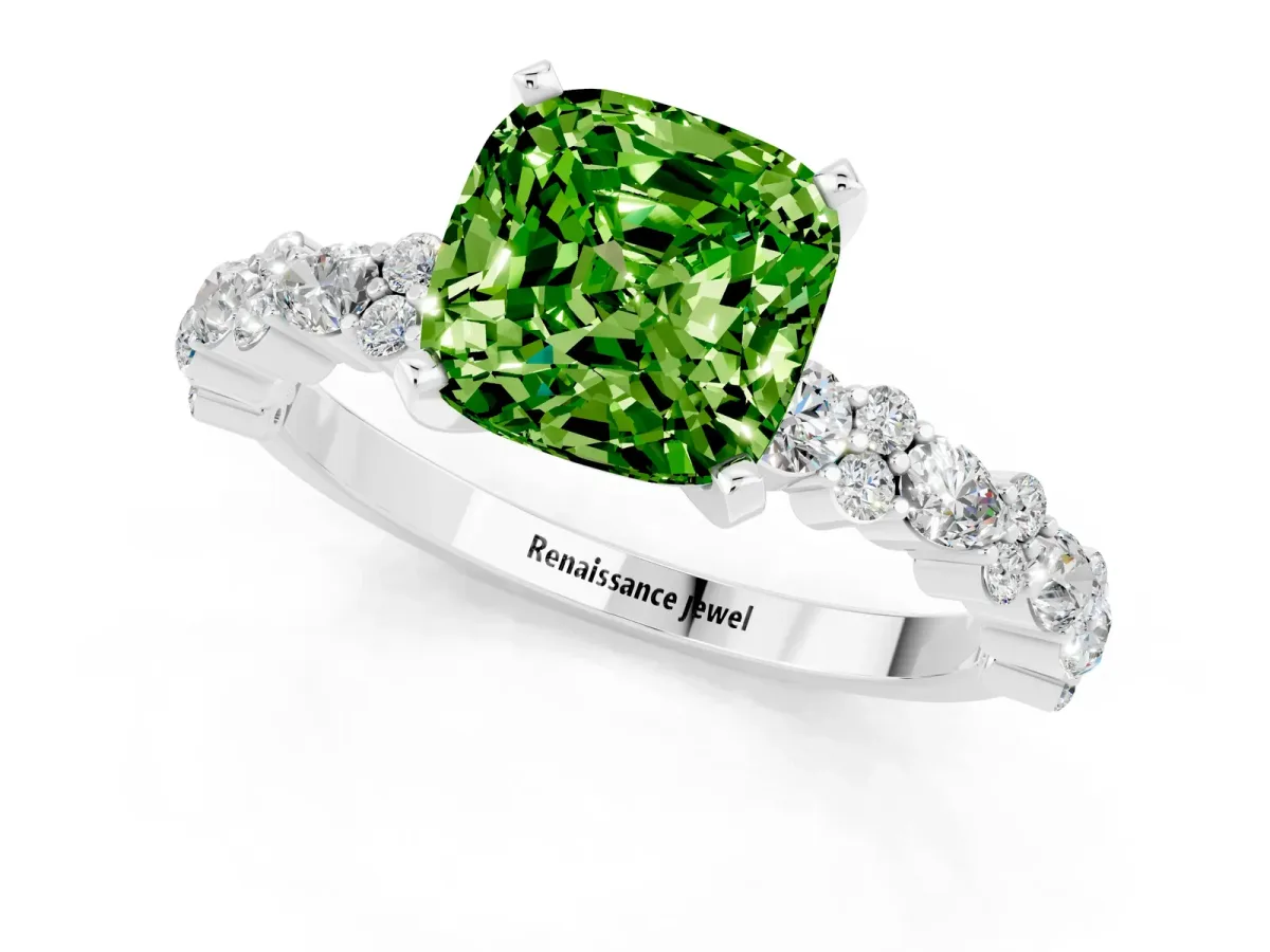 Cushion Cut Peridot Side Stone Solitaire Ring with Round and Four-Prong Setting Silver