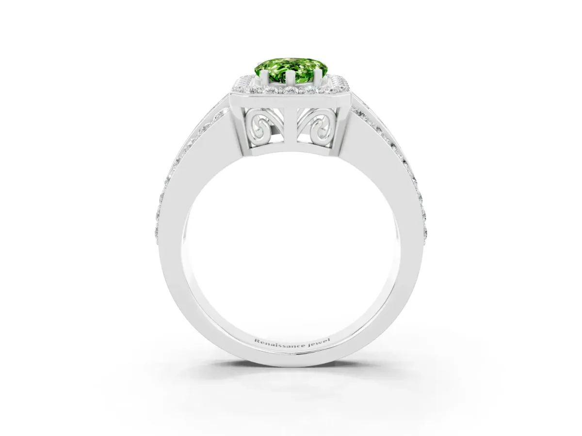 Pear Cut Halo Peridot Ring with Round Split Shank and Prong Setting Silver