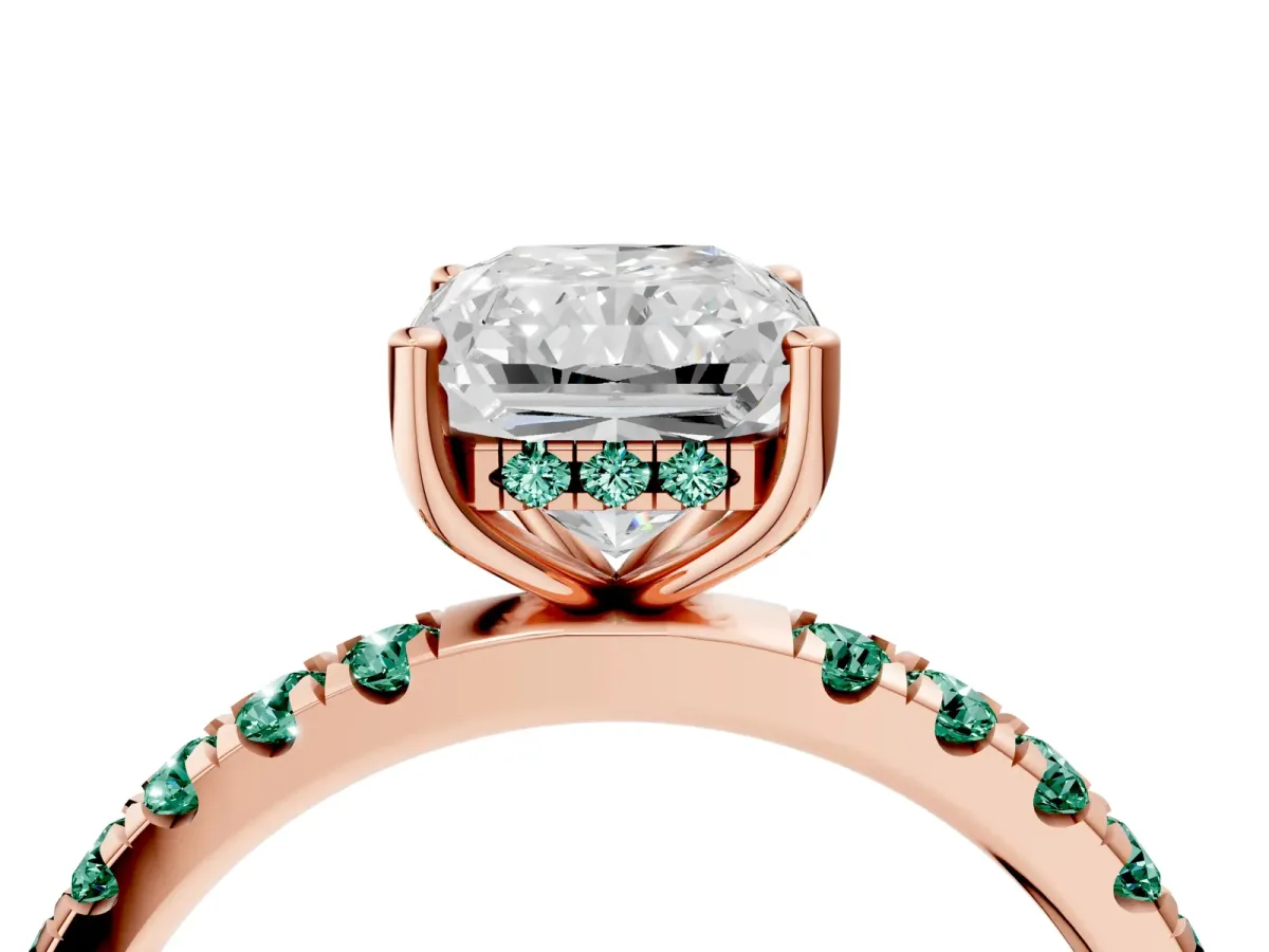 Radiant Cut Diamond Pave Band Solitaire Ring with Round Green Sapphire and Prong Setting Rose gold