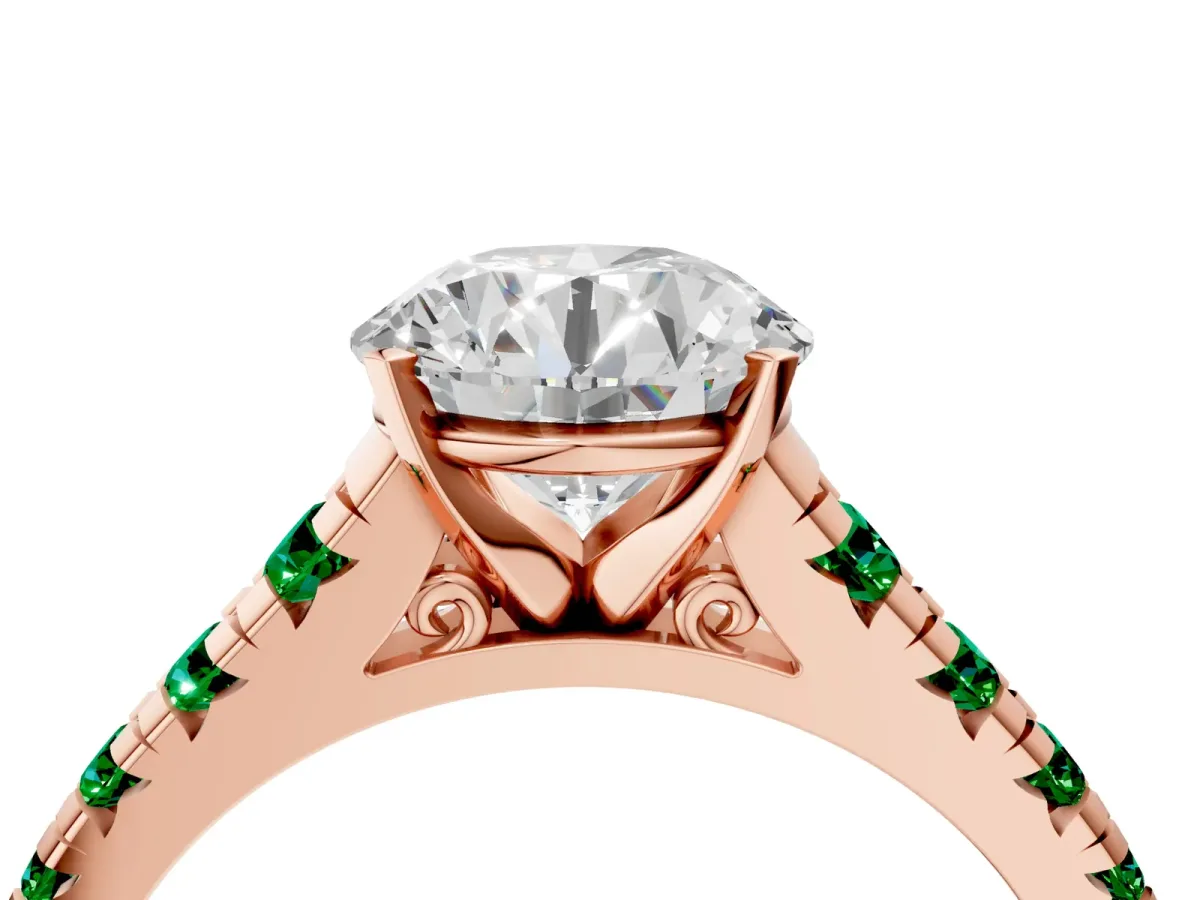 Round Cut Diamond Cathedral Solitaire Ring with Round Emerald Pavé Band Rose gold