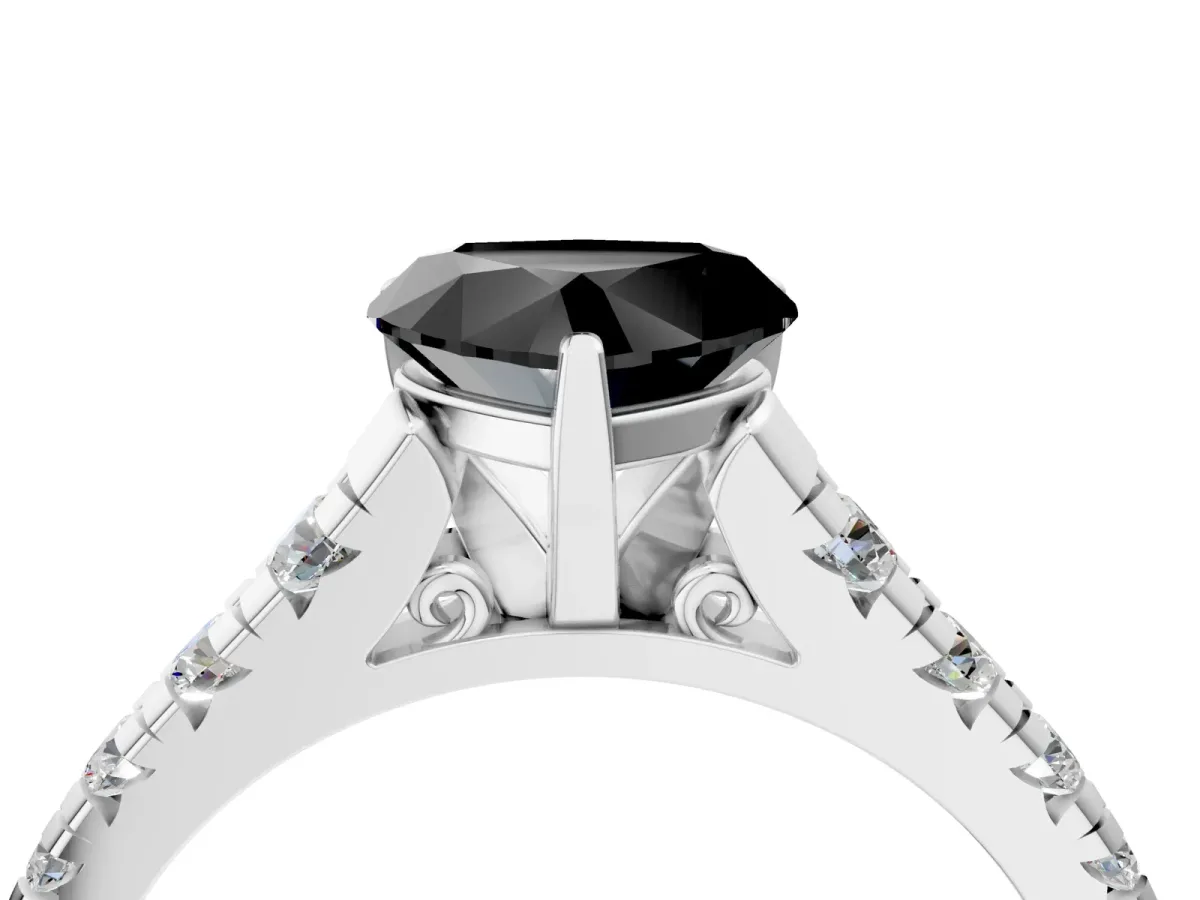 Fancy Black Heart Cut Diamond Cathedral Solitaire Ring with Round Pavé Band Silver