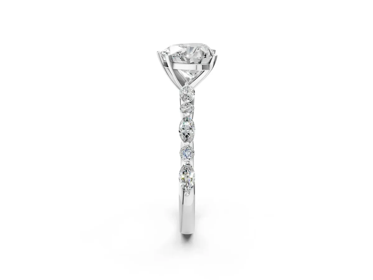 Heart Cut Diamond Ring with Marquise and Round Side Stones and Four-Prong Setting Platinum