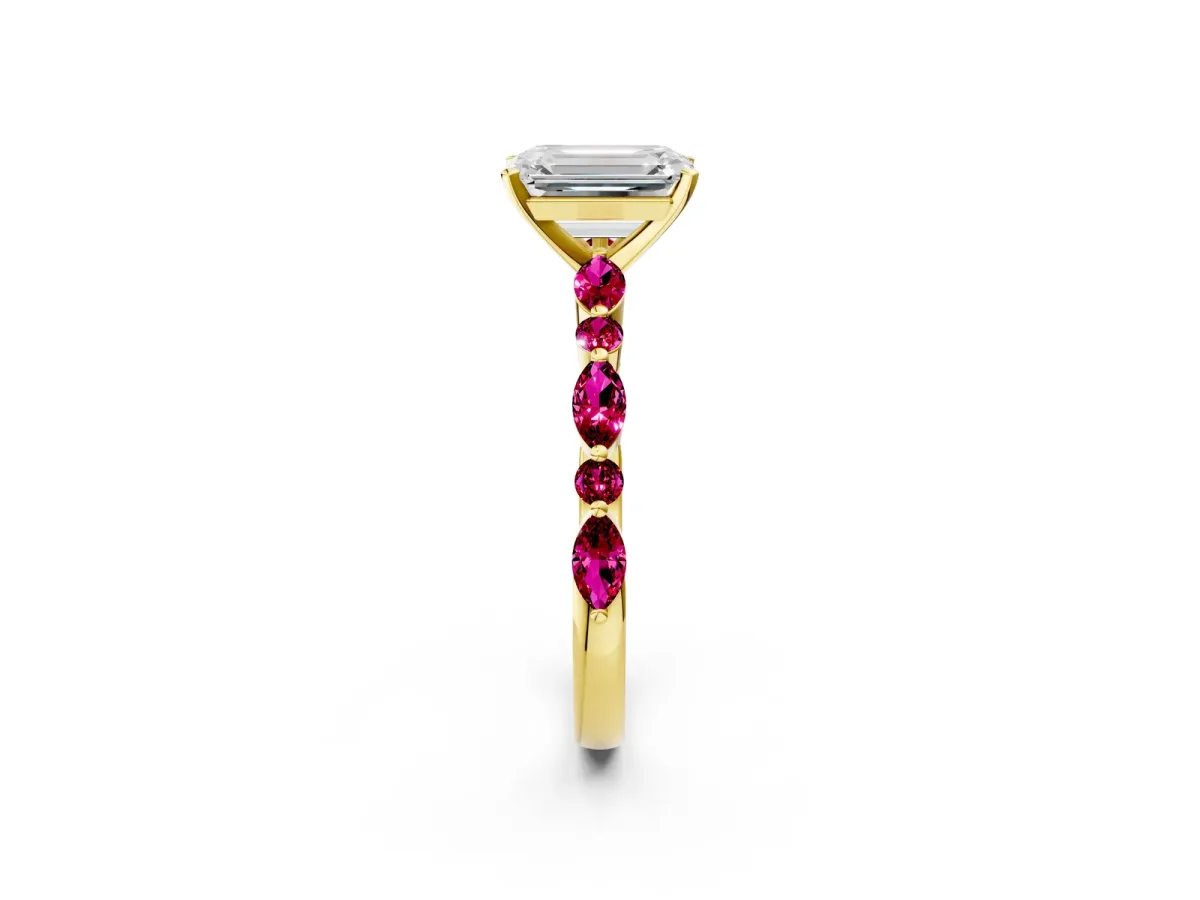 Emerald Cut Diamond Ring with Marquise and Round Garnet Side Stones and Four-Prong Setting Yellow gold