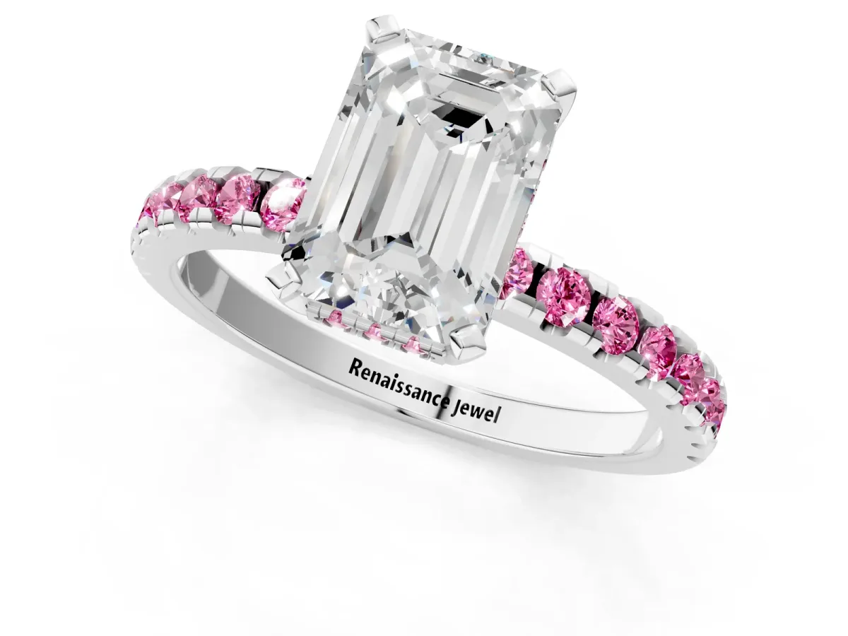 Emerald Cut Diamond Solitaire Ring with Round Pink Sapphire Pavé Band and Four-Prong Setting Platinum