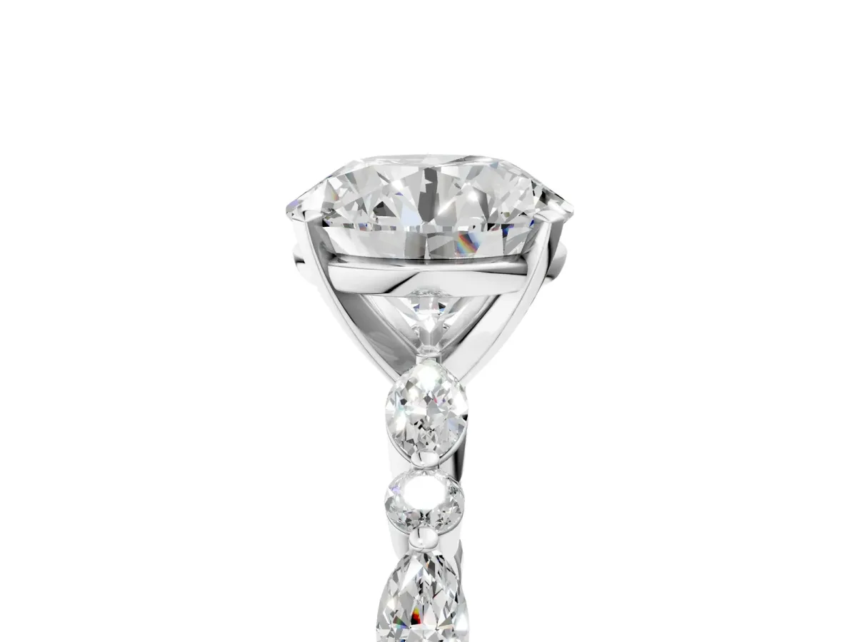 Round Cut Diamond Ring with Marquise and Round Moissanite Side Stones and Four-Prong Setting Silver