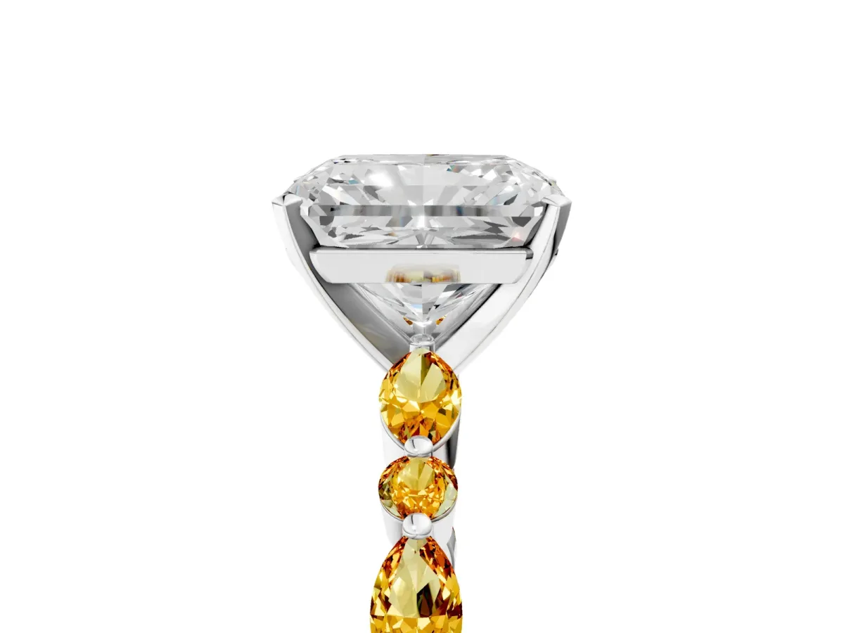 Radiant Cut Diamond Ring with Marquise and Round Citrine Side Stones and Four-Prong Setting Silver