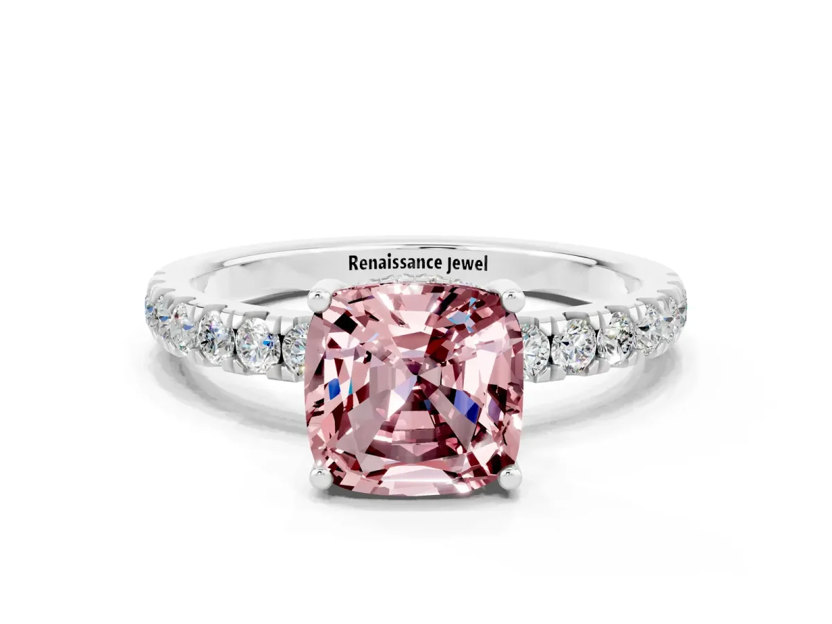 Cushion Cut Morganite Pave Band Solitaire Ring with Round and Prong Setting Platinum