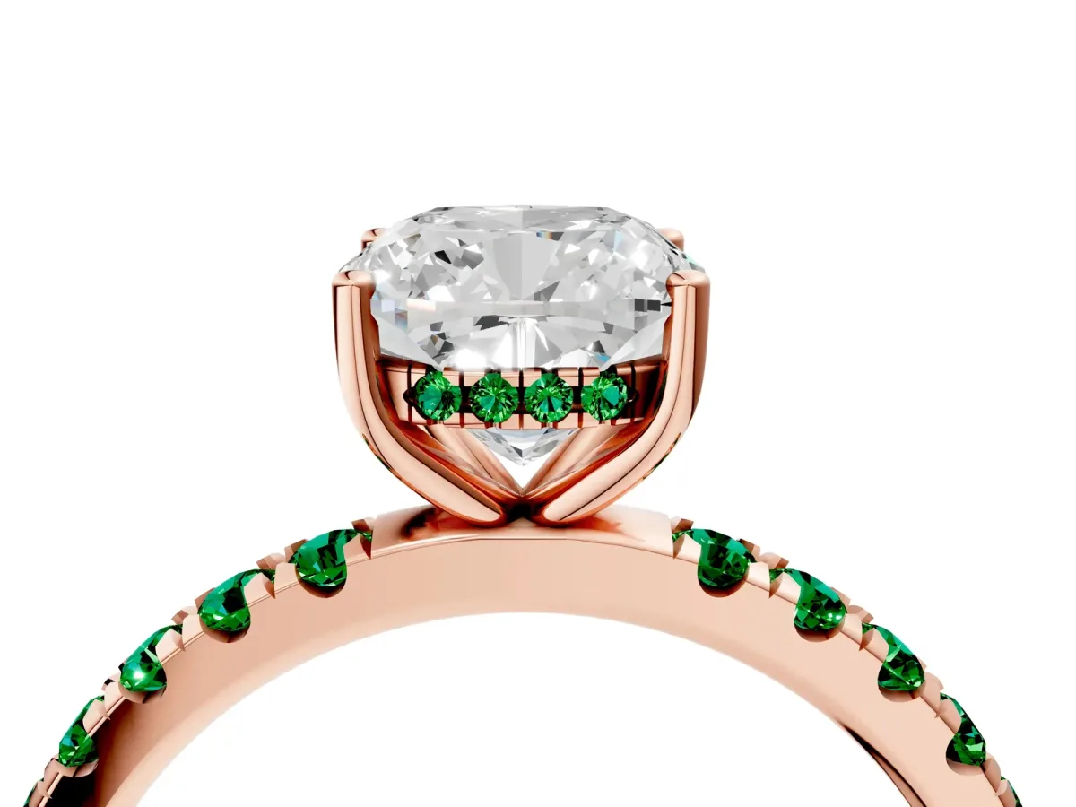 Cushion Cut Diamond Pave Band Solitaire Ring with Round Emerald and Prong Setting Rose gold