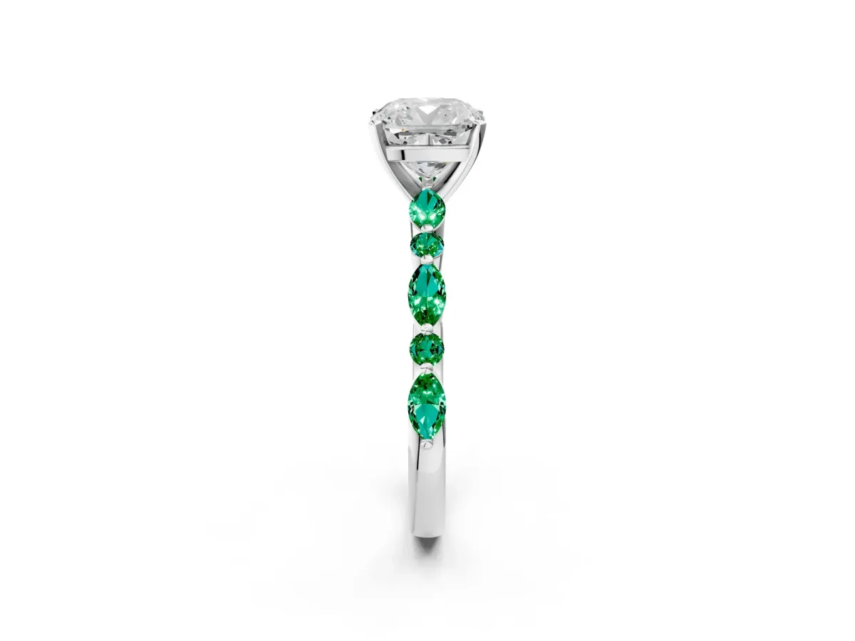 Cushion Cut Diamond Ring with Marquise and Round Emerald Side Stones and Four-Prong Setting Silver