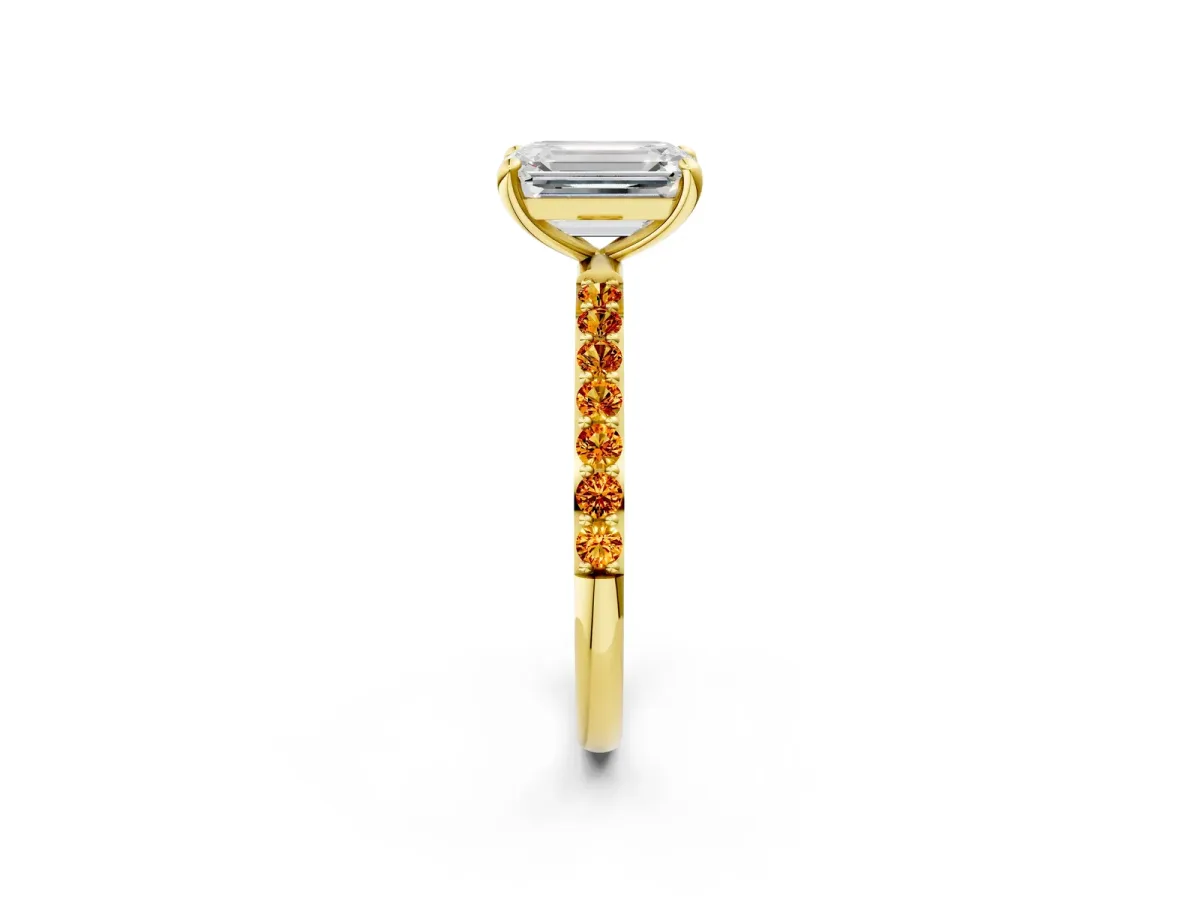Emerald Cut Diamond Solitaire Ring with Round Citrine Pavé Band and Prong Setting Yellow gold
