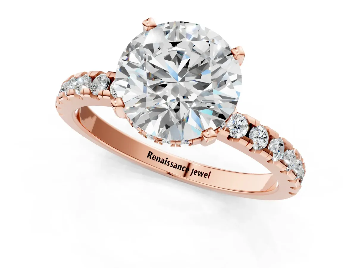 Round Cut Diamond Solitaire Ring with Round Pavé Band and Four-Prong Setting Rose gold