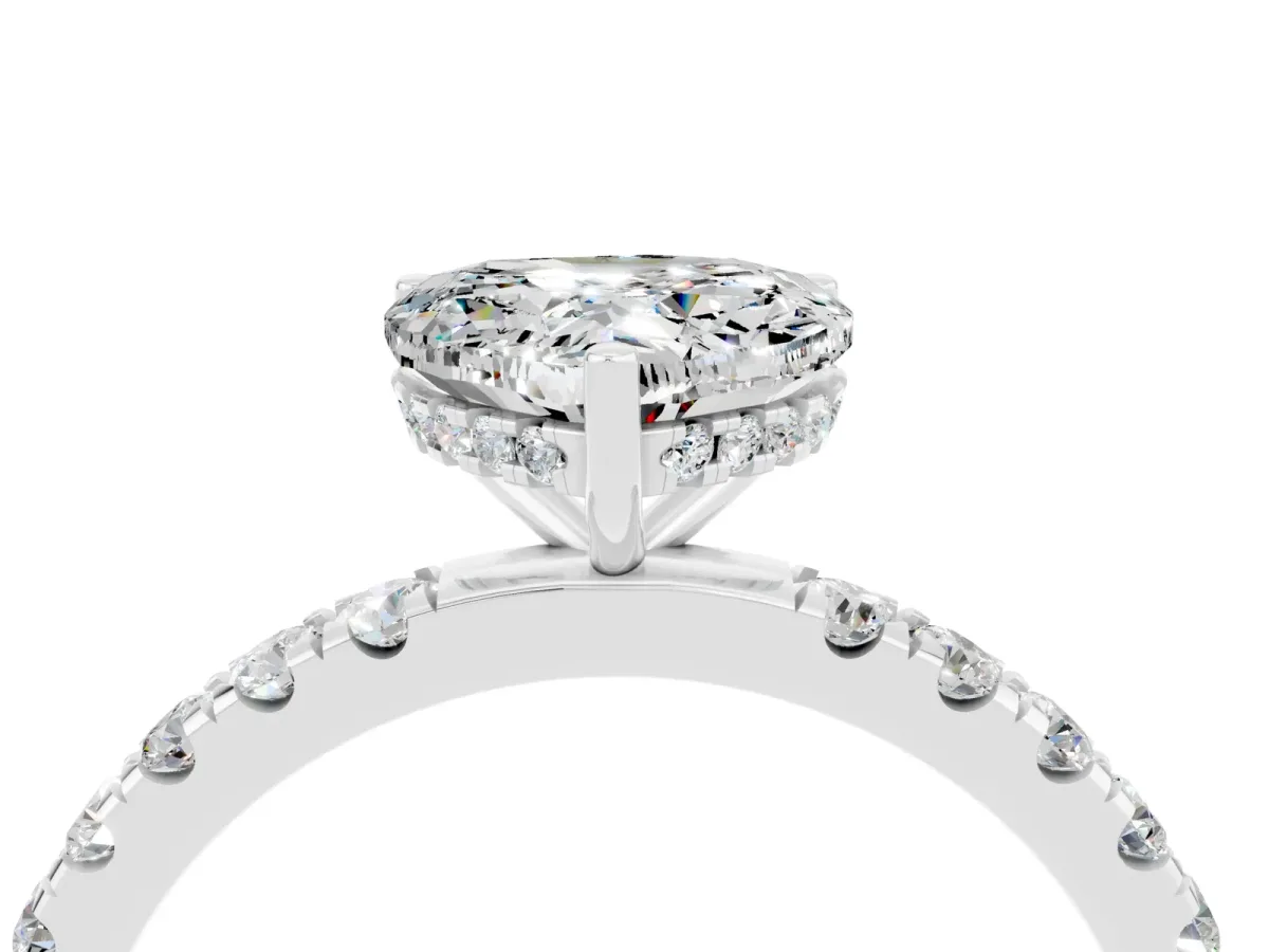 Heart Cut Moissanite Pave Band Solitaire Ring with Round and Prong Setting Platinum