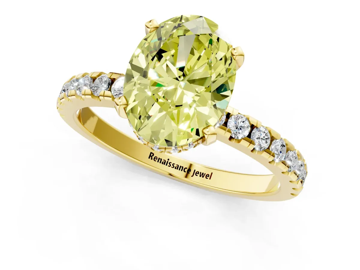 Fancy Yellow Oval Cut Diamond Solitaire Ring with Round Pavé Band and Four-Prong Setting Yellow gold