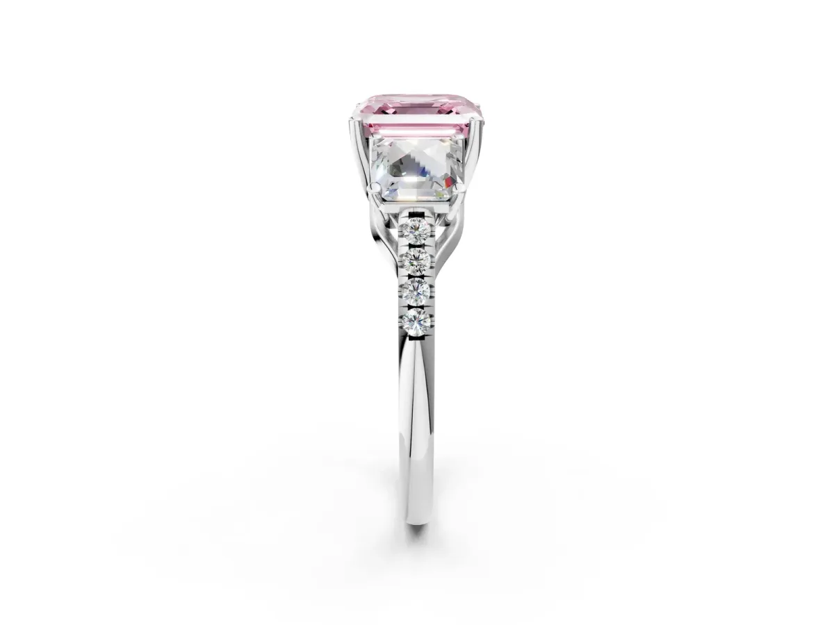 Fancy Pink Three-Stone Asscher Cut Diamond Ring with Round Pavé Band and Prong Setting Silver