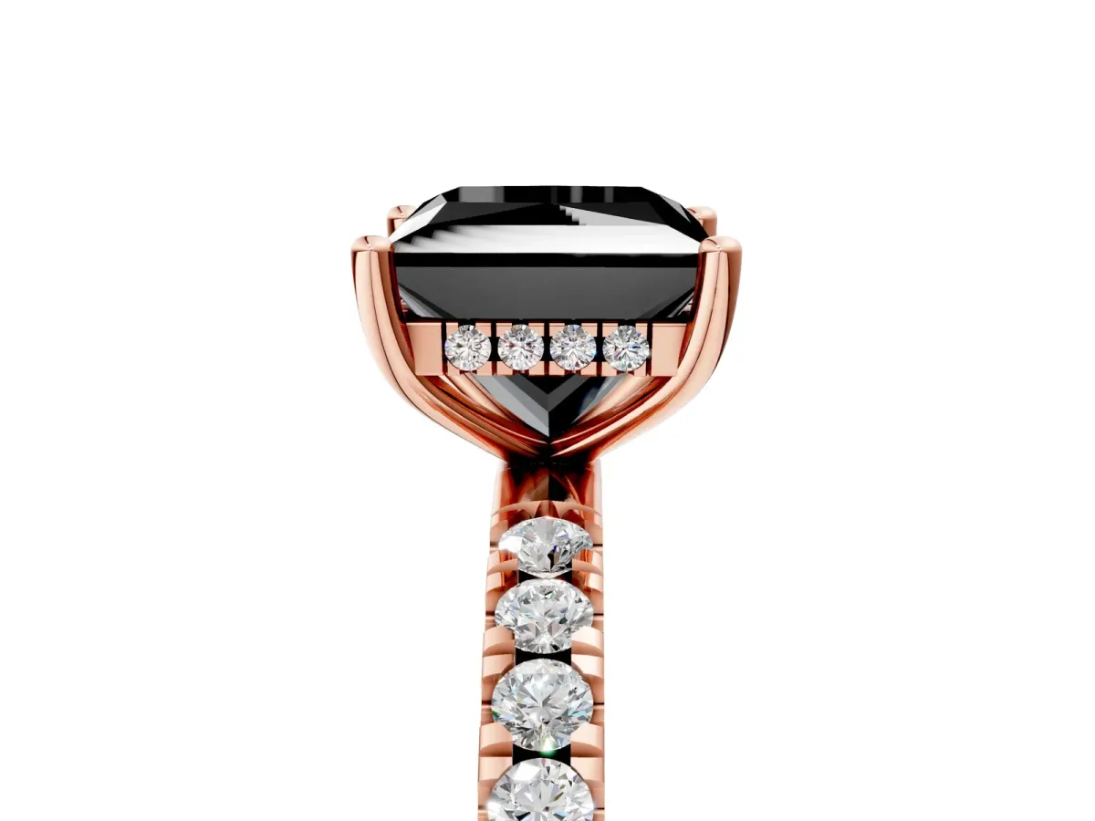 Fancy Black Princess Cut Diamond Pave Band Solitaire Ring with Round and Prong Setting Rose gold