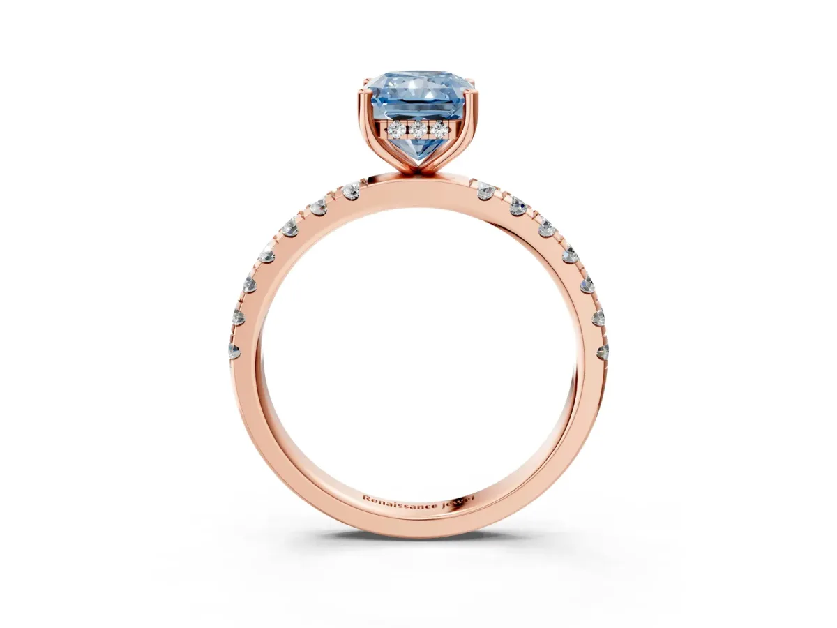 Fancy Blue Radiant Cut Diamond Pave Band Solitaire Ring with Round and Prong Setting Rose gold