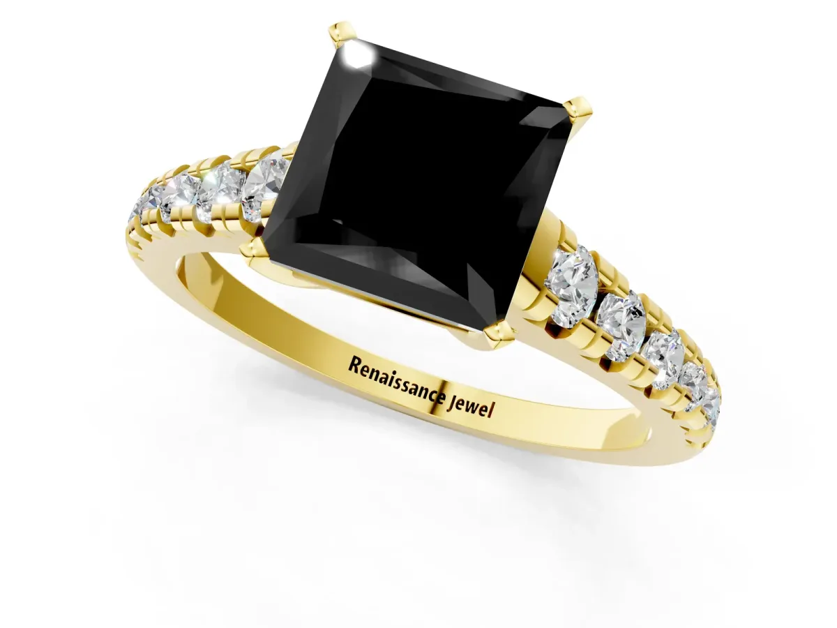 Fancy Black Princess Cut Diamond Cathedral Solitaire Ring with Round Pavé Band Yellow gold