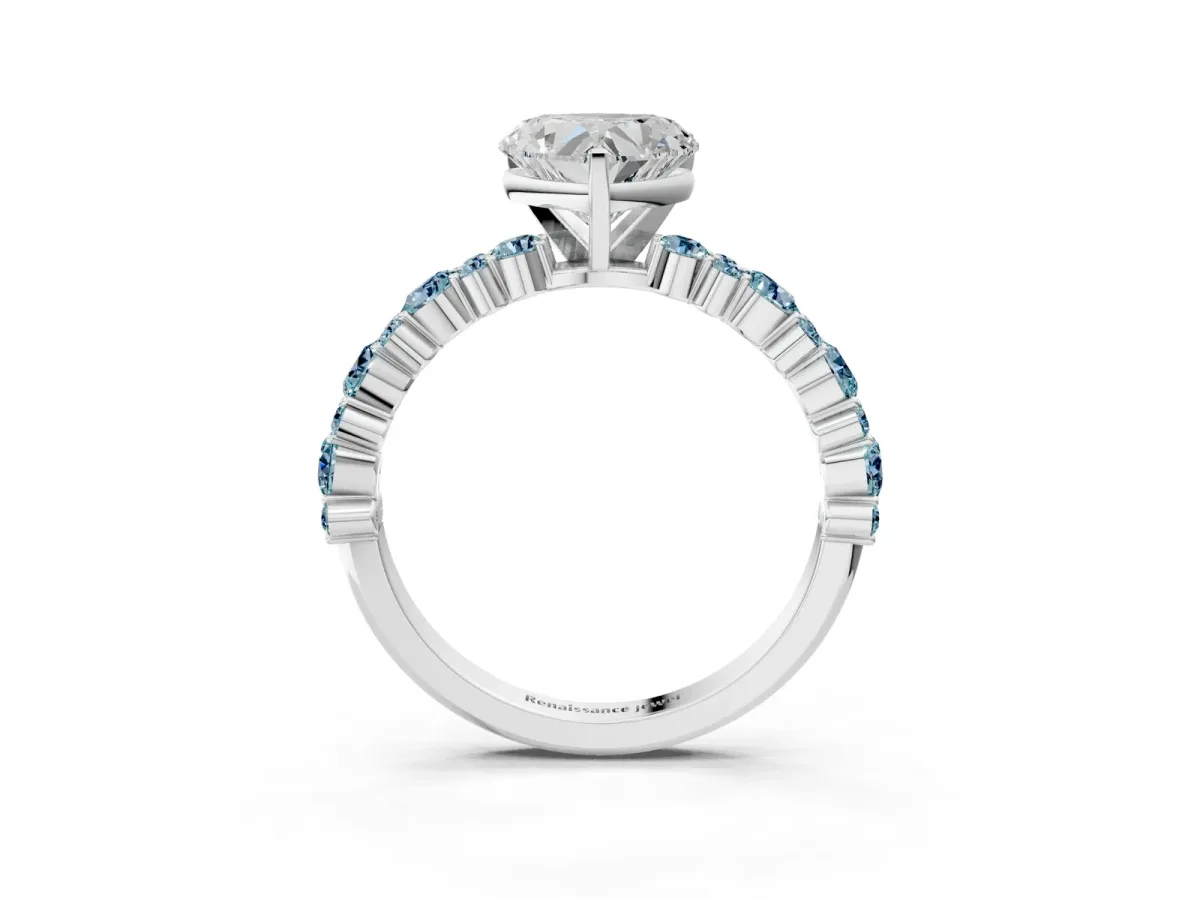 Heart Cut Diamond Side Stone Solitaire Ring with Round Aquamarine and Four-Prong Setting Platinum
