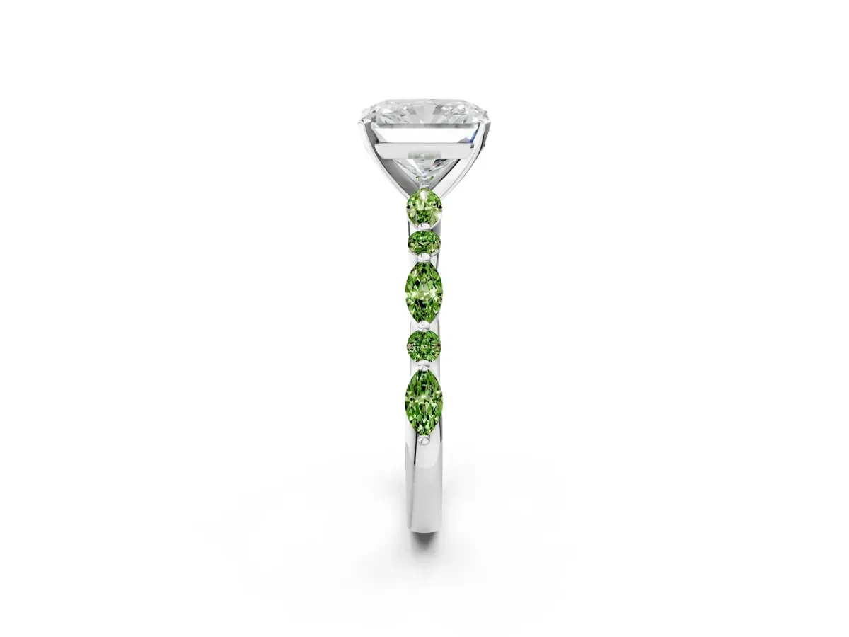 Radiant Cut Diamond Ring with Marquise and Round Peridot Side Stones and Four-Prong Setting Silver