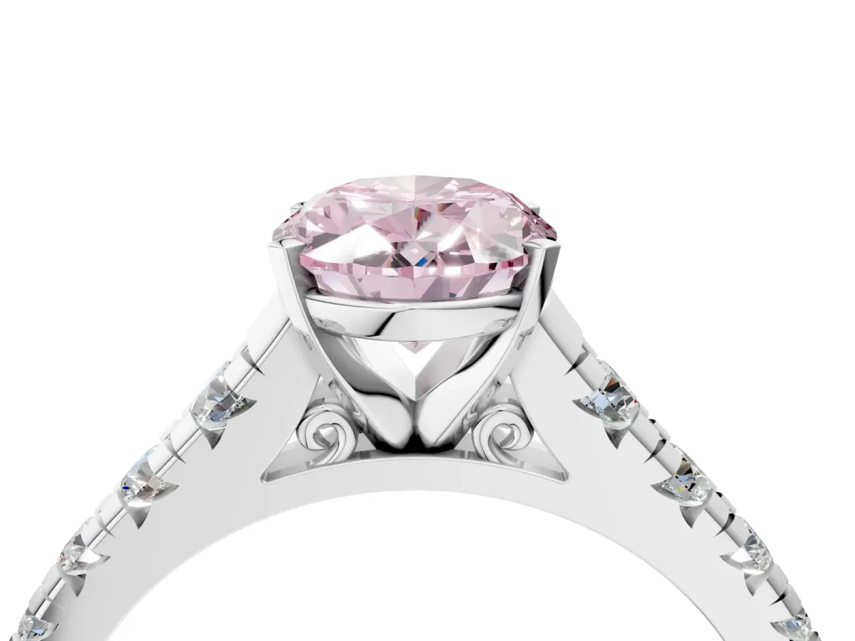 Fancy Pink Oval Cut Diamond Cathedral Solitaire Ring with Round Pavé Band White gold