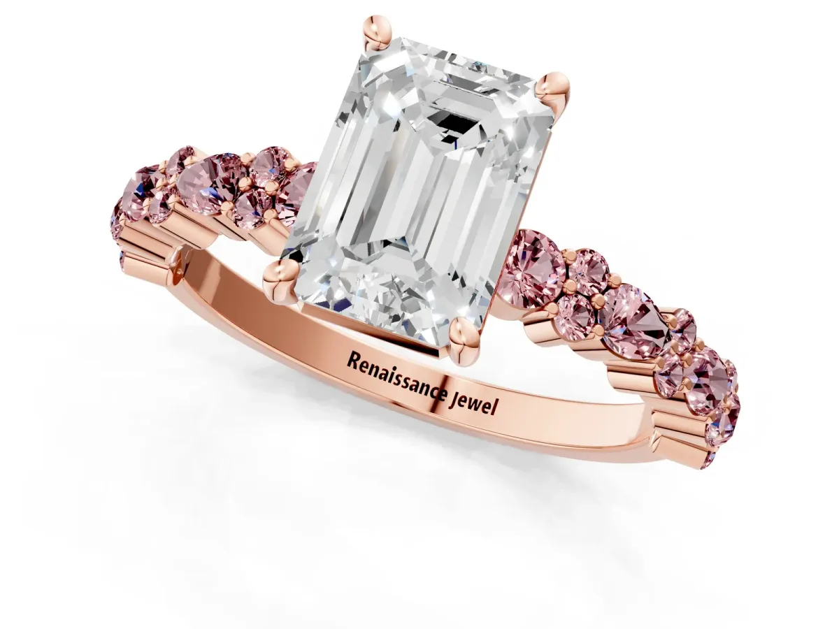 Emerald Cut Diamond Side Stone Solitaire Ring with Round Morganite and Four-Prong Setting Rose gold