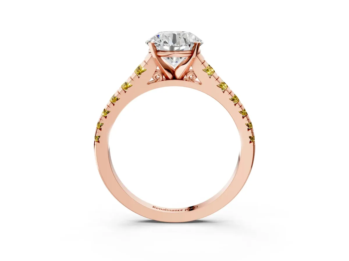 Round Cut Diamond Cathedral Solitaire Ring with Round Yellow Sapphire Pavé Band Rose gold