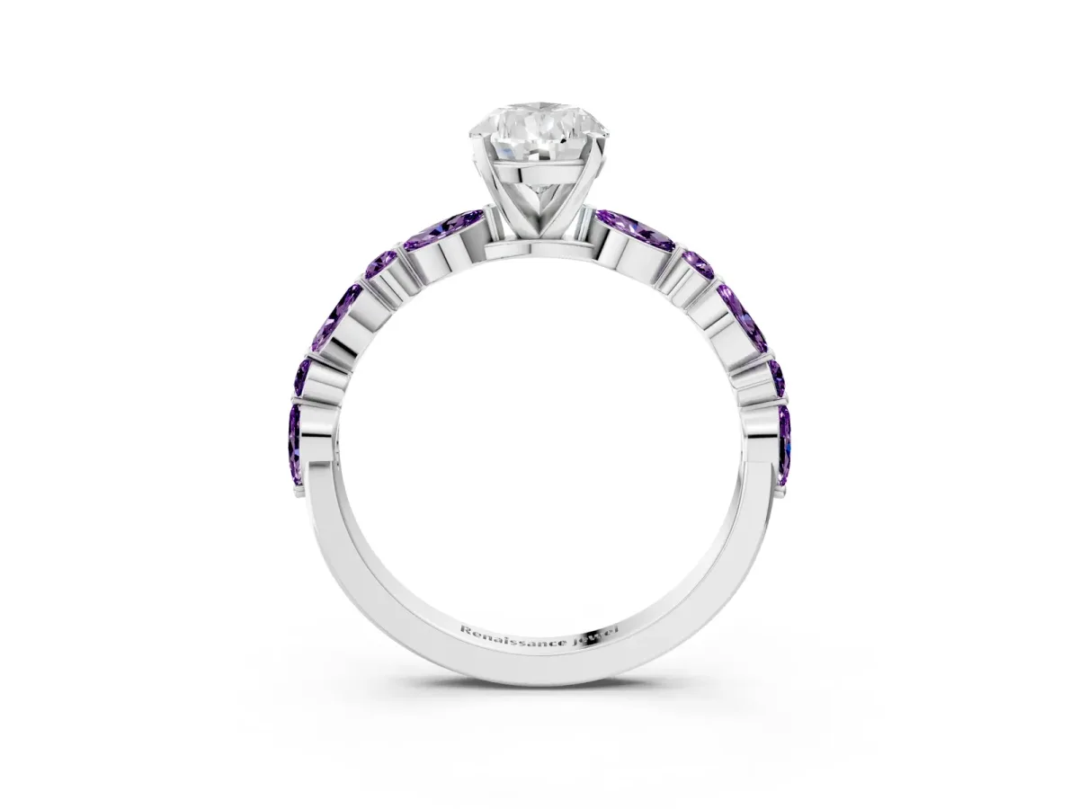 Pear Cut Diamond Ring with Marquise and Round Amethyst Side Stones and Four-Prong Setting Silver