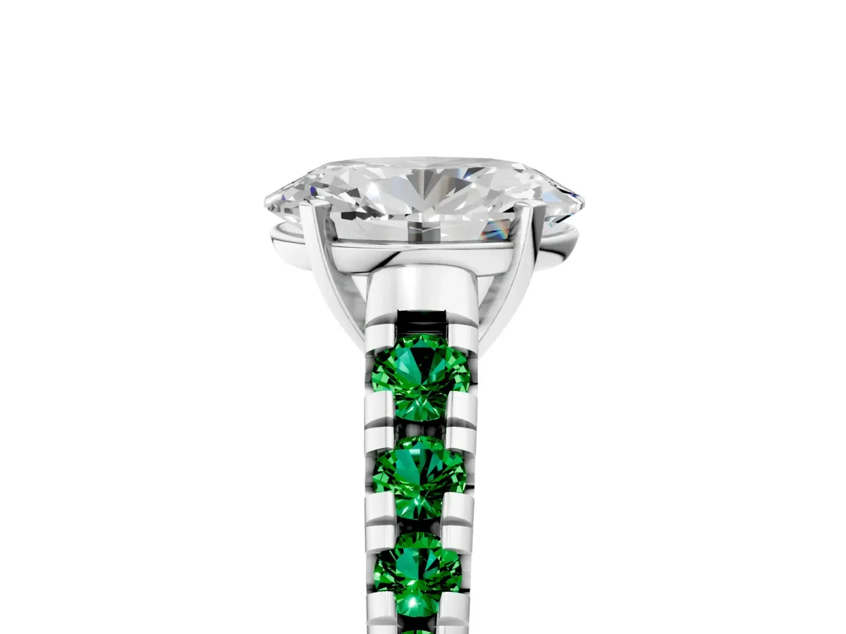 Oval Cut Diamond Cathedral Solitaire Ring with Round Emerald Pavé Band White gold