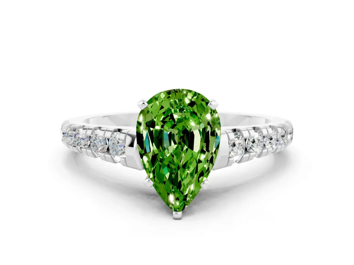 Pear Cut Peridot Cathedral Solitaire Ring with Round Pavé Band White gold