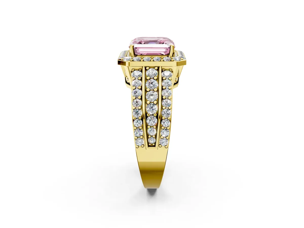 Fancy Pink Asscher Cut Halo Diamond Ring with Round Split Shank and Prong Setting Yellow gold