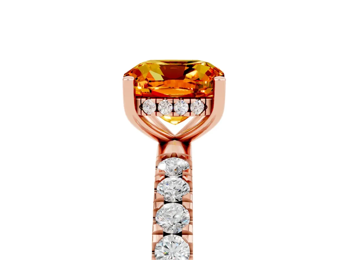 Cushion Cut Citrine Pave Band Solitaire Ring with Round and Prong Setting Rose gold