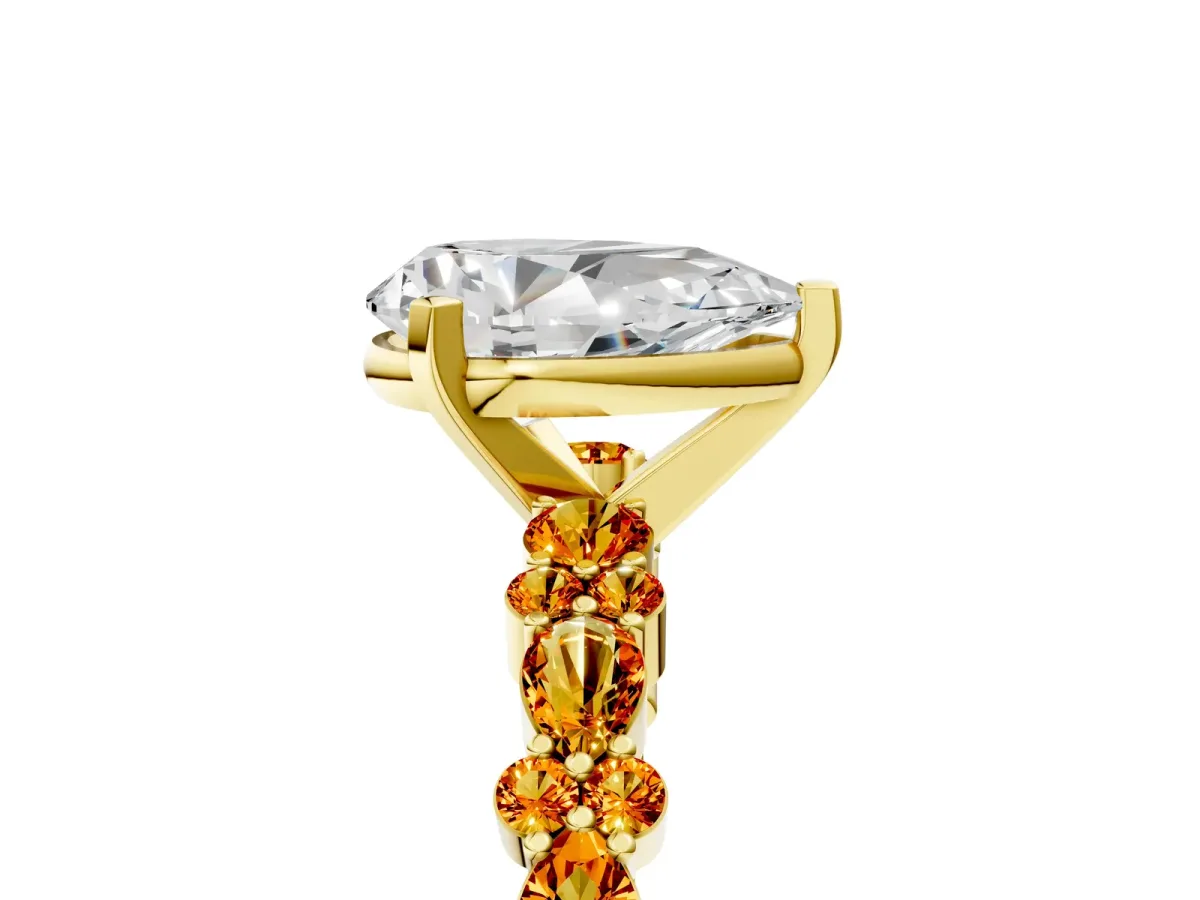 Pear Cut Diamond Side Stone Solitaire Ring with Round Citrine and Four-Prong Setting Yellow gold