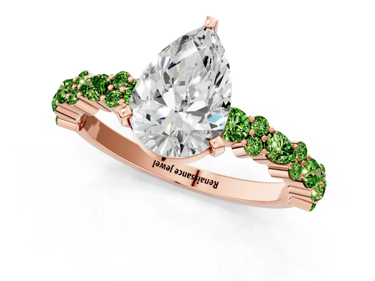 Pear Cut Diamond Side Stone Solitaire Ring with Round Peridot and Four-Prong Setting Rose gold