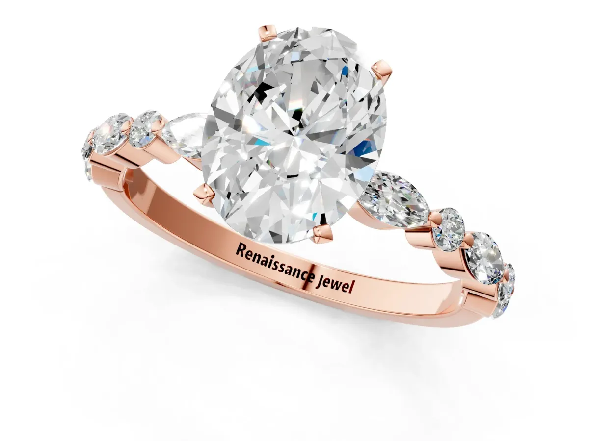 Oval Cut Diamond Ring with Marquise and Round Side Stones and Four-Prong Setting Rose gold