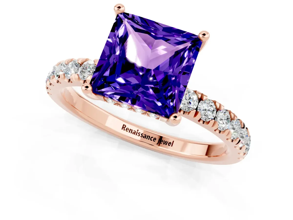 Princess Cut Tanzanite Pave Band Solitaire Ring with Round and Prong Setting Rose gold