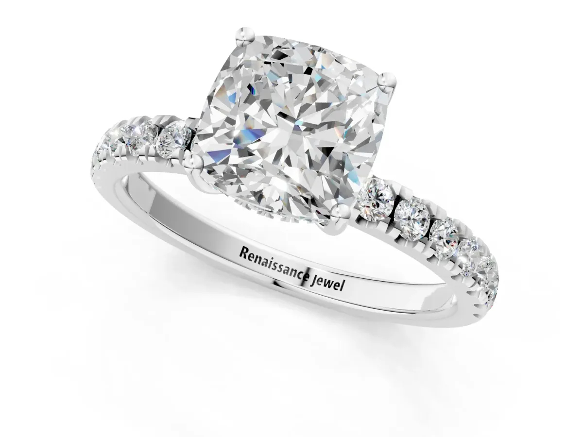 Cushion Cut Diamond Pave Band Solitaire Ring with Round and Prong Setting White gold