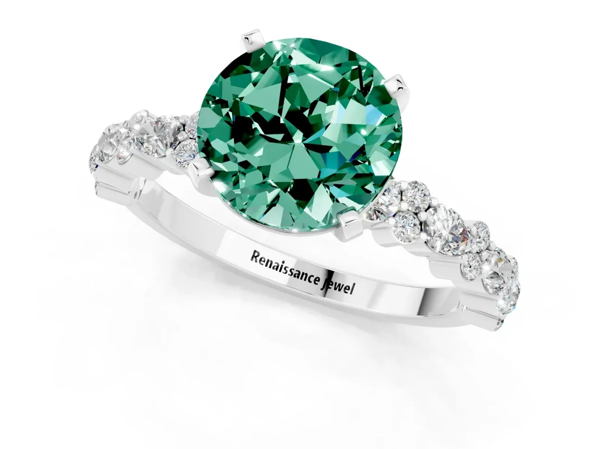 Round Cut Green Sapphire Side Stone Solitaire Ring with Round and Four-Prong Setting White gold
