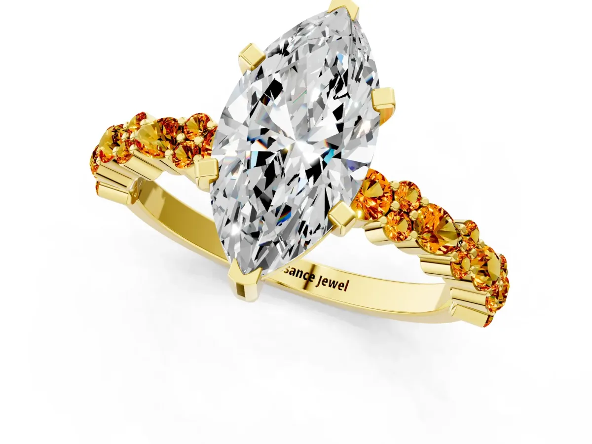 Marquise Cut Diamond Side Stone Solitaire Ring with Round Citrine and Four-Prong Setting Yellow gold