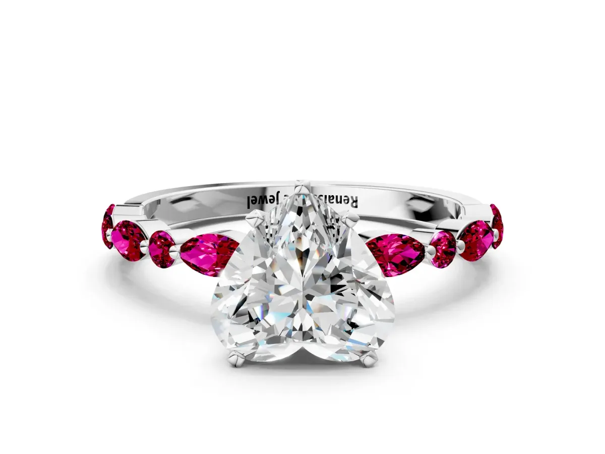 Heart Cut Diamond Ring with Marquise and Round Garnet Side Stones and Four-Prong Setting Silver