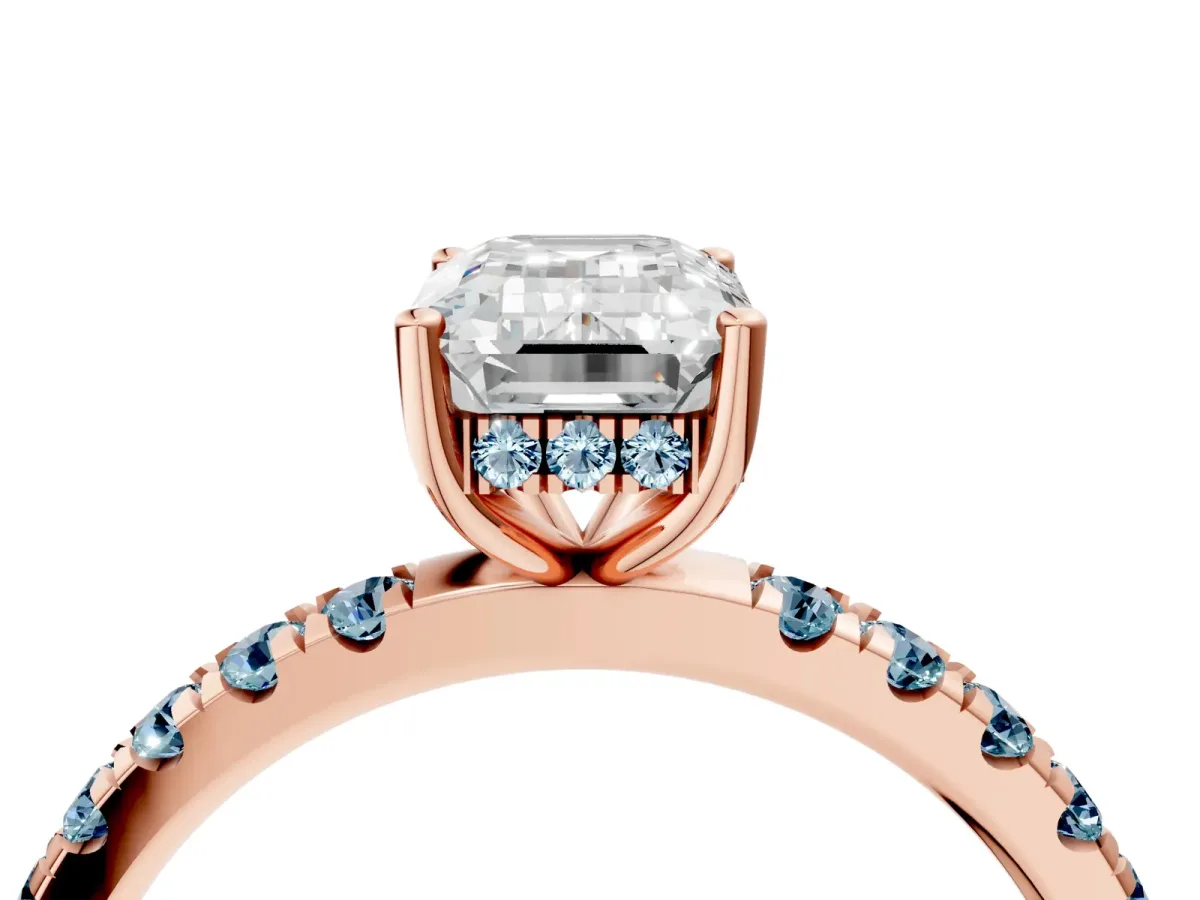 Emerald Cut Diamond Pave Band Solitaire Ring with Round Aquamarine and Prong Setting Rose gold