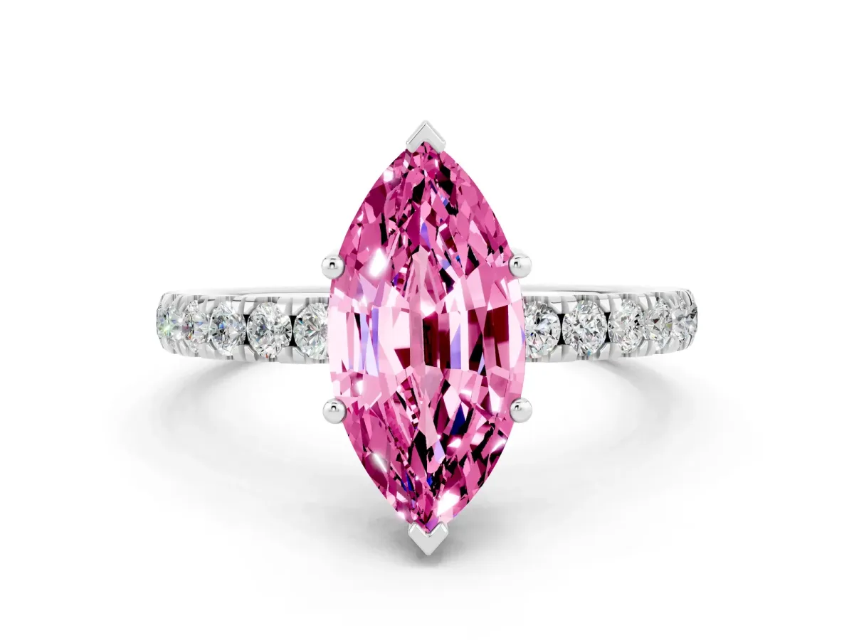 Marquise Cut Pink Sapphire Pave Band Solitaire Ring with Round and Prong Setting Platinum