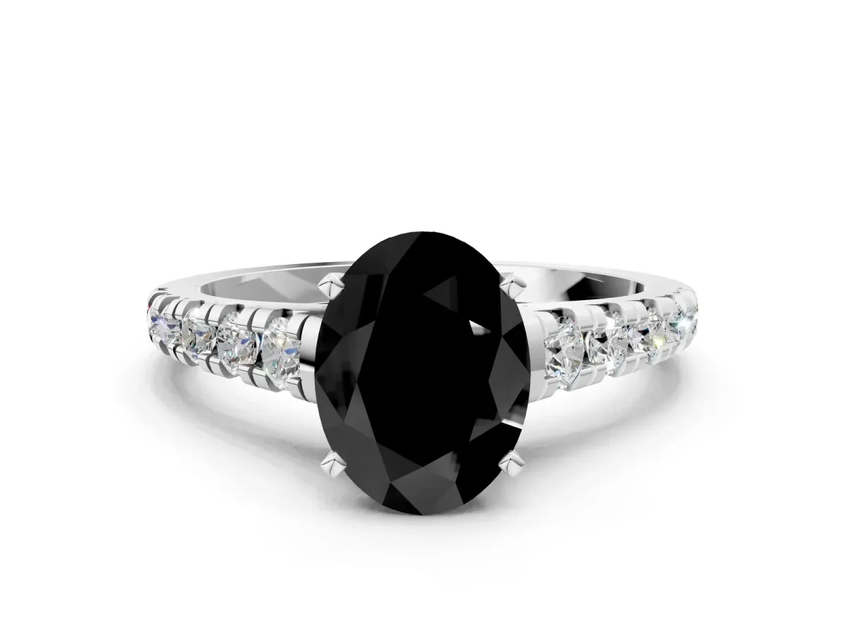 Fancy Black Oval Cut Diamond Cathedral Solitaire Ring with Round Pavé Band Platinum