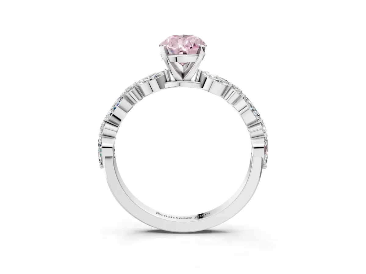 Fancy Pink Pear Cut Diamond Ring with Marquise and Round Side Stones and Four-Prong Setting Platinum