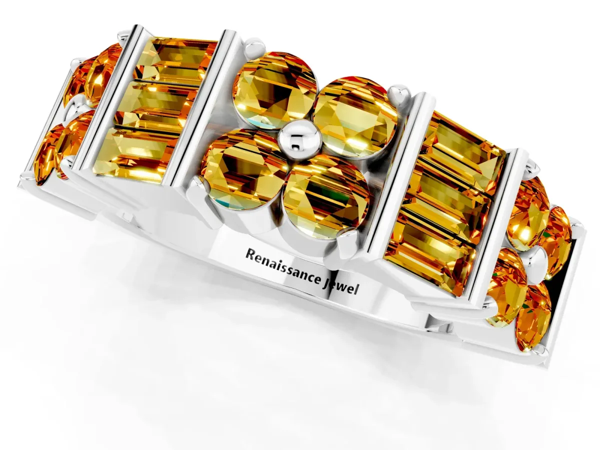 Channel Set Round and Baguette Citrine Anniversary Band with Prong Setting Platinum