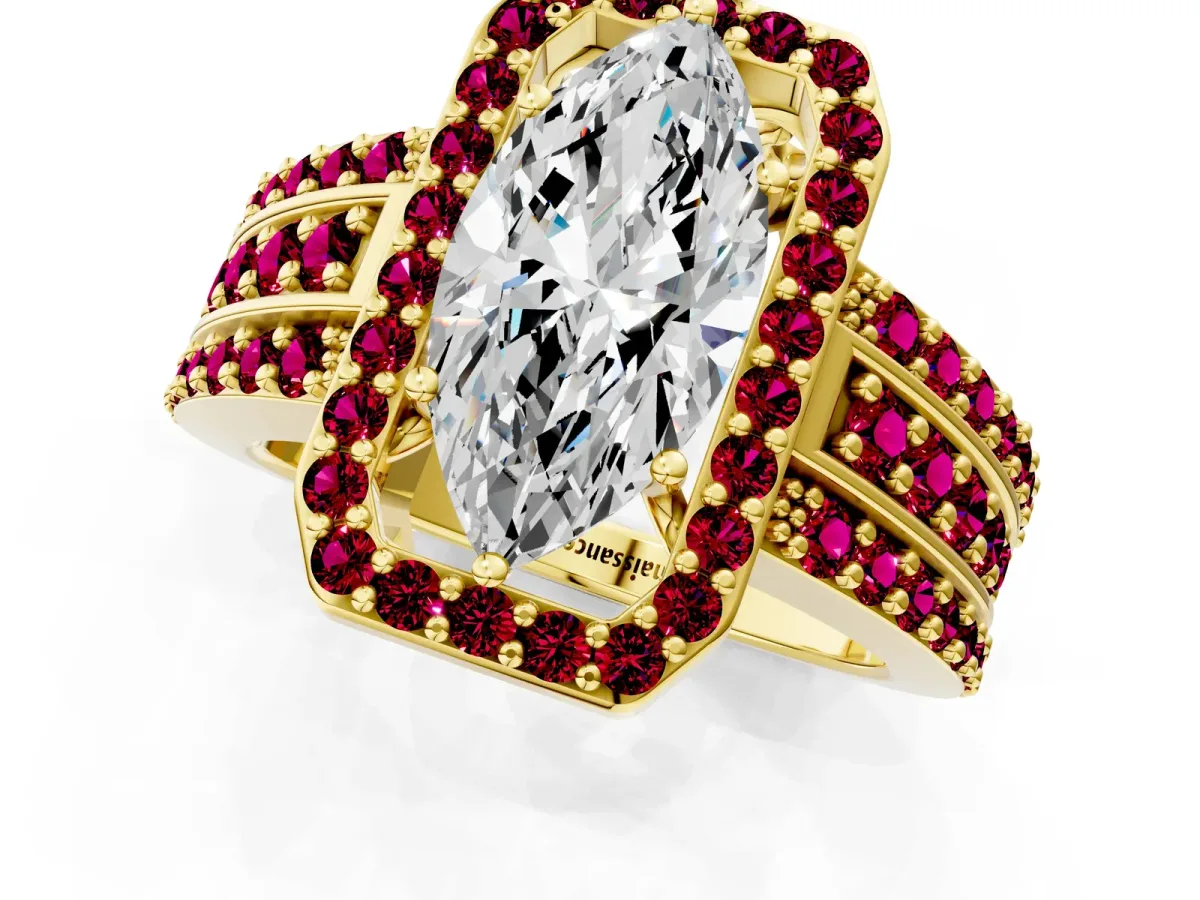 Marquise Cut Halo Diamond Ring with Round Garnet Split Shank and Prong Setting Yellow gold