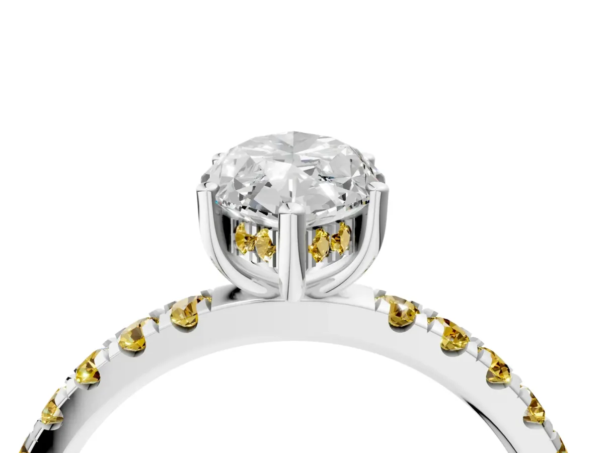 Marquise Cut Diamond Pave Band Solitaire Ring with Round Yellow Sapphire and Prong Setting Silver